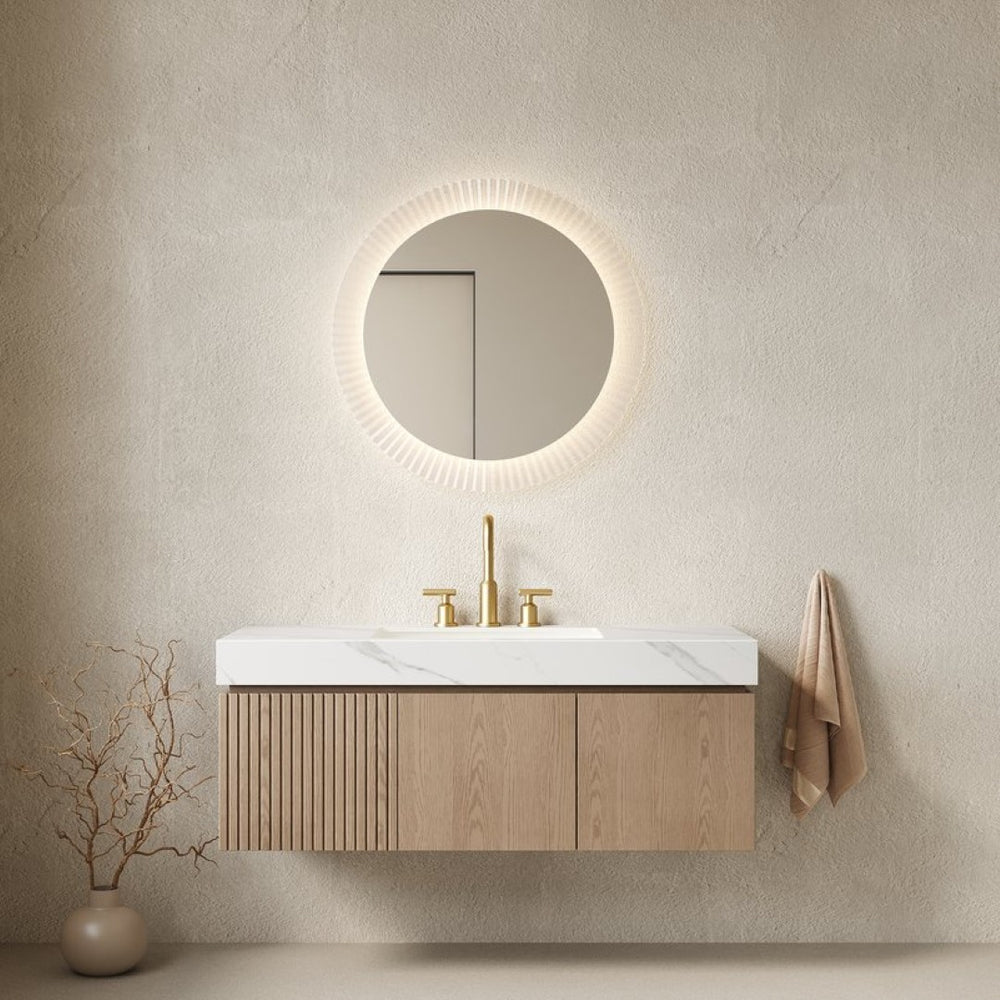 English Elm Muri Floating Bathroom Vanity Plywood Cabinet Sintered Stone Top Woodgrain Finish W2615S00637
