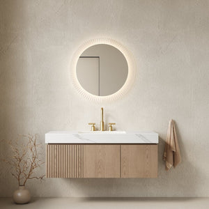 English Elm Muri Floating Bathroom Vanity Plywood Cabinet Sintered Stone Top Woodgrain Finish W2615S00637