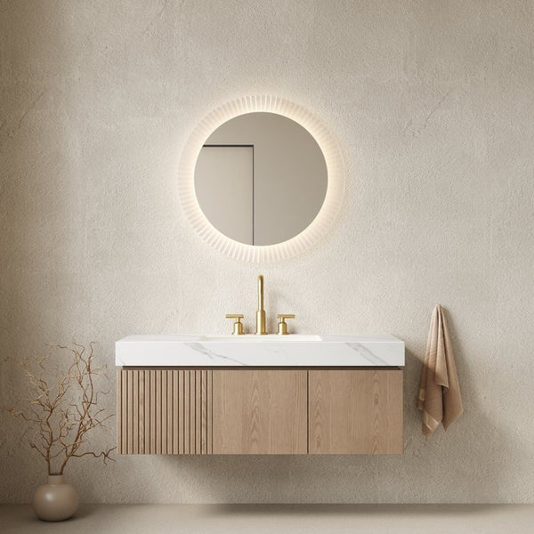 English Elm Muri Floating Bathroom Vanity Plywood Cabinet Sintered Stone Top Woodgrain Finish W2615S00637