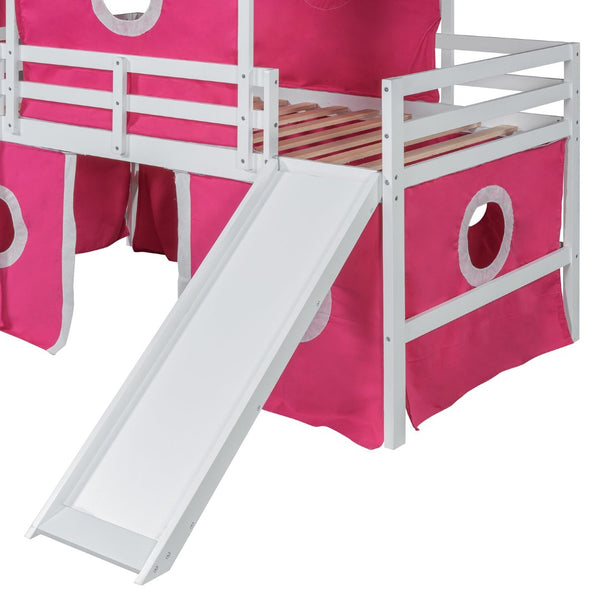 English Elm Twin Castle Loft Bed with Slide Fabric Tent and Tower Pinewood Kids Playhouse N708P249475H