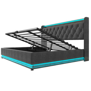 English Elm King Upholstered Bed with Surround LED, App/Remote Control, Hydraulic Storage, USB Type-C Charging Gray N736P188808G