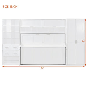 English Elm Full Size Murphy Wall Bed with Wardrobe Drawers Shelving for Studio Apartments LP000383AAK