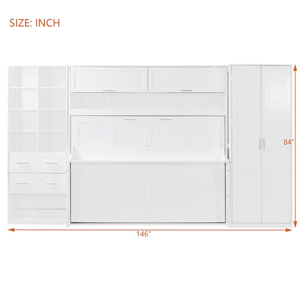 English Elm Full Size Murphy Wall Bed with Wardrobe Drawers Shelving for Studio Apartments LP000383AAK