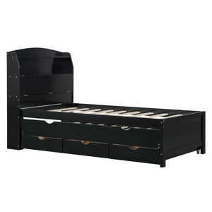 English Elm Twin LED Platform Bed with Trundle and Under-Storage Drawers, Flip-Up Headboard, USB Ports Espresso N820S10008D