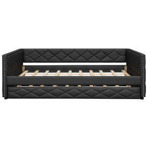 English Elm Full XL Upholstered Daybed with Trundle and Built-In LED Lighting, Tufted Arms, Solid Wood Frame Black N7090000611B