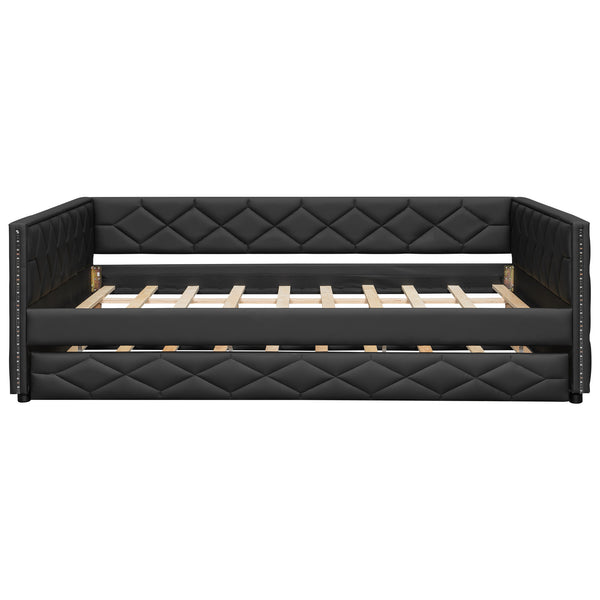 English Elm Full XL Upholstered Daybed with Trundle and Built-In LED Lighting, Tufted Arms, Solid Wood Frame Black N7090000611B
