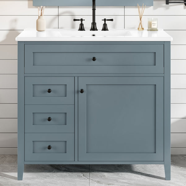 English Elm 36-Inch Blue Gray Modern Bathroom Vanity With Durable Rubberwood Cabinet, Sink & 3 Drawers For Storage N725P350821E