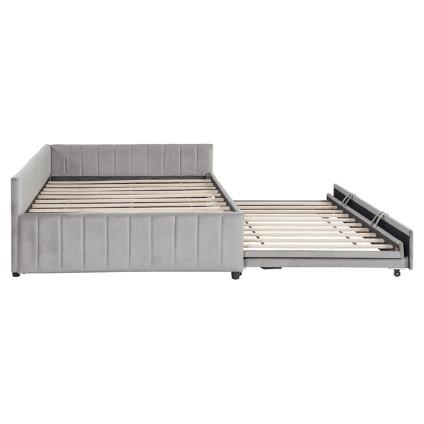 English Elm Full L-Shaped Upholstered Daybed with Twin Pop-Up Trundle, Vertical Stripe Design, Cozy Lounge Style (98) Gray SF000191AAE