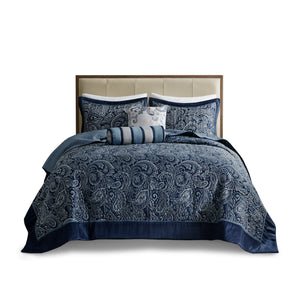 English Elm 5 Piece Aubrey Reversible Jacquard Bedspread Set King with Paisley Motif, Gold Sheen, Quilted Elegance Navy 22.83 L x 18.11 W x 8.27 H B03597645