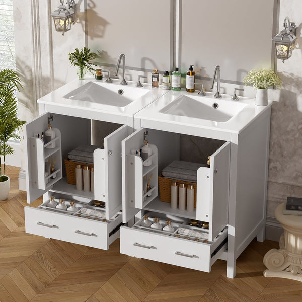 English Elm 48-Inch Modern Bathroom Vanity with Dual Ceramic Sinks, Ample Soft-Close Storage and Stylish Design White N729P000009K