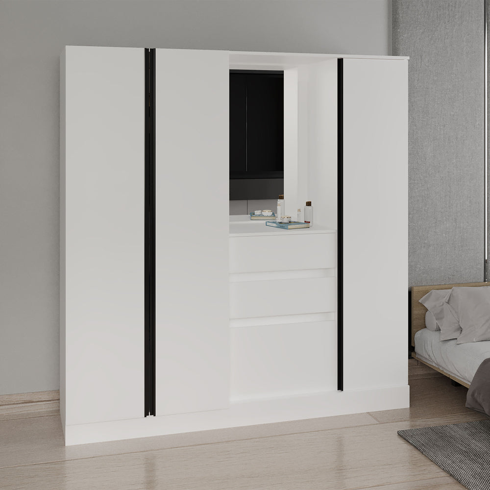 English Elm Minden Armoire White with Full-Length Mirror, Engineered Wood, Black Accent, Spacious Drawer Storage B092S00287