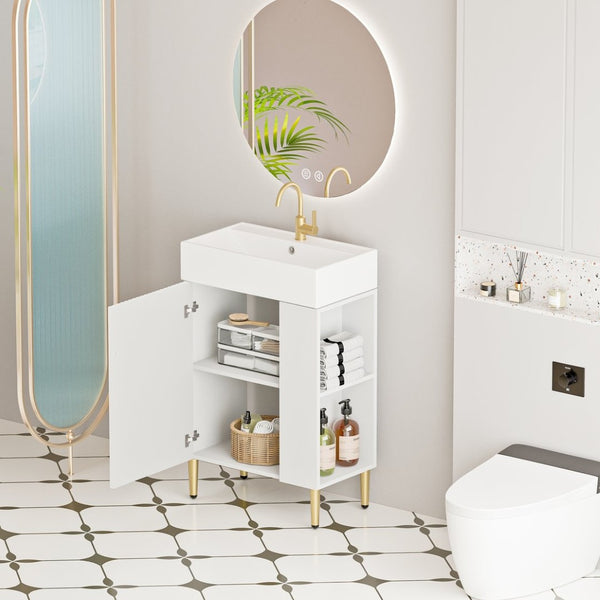 English Elm 21.6" Compact Bathroom Vanity Ceramic Sink Soft Close Cabinet Open Shelf White W1920S00188