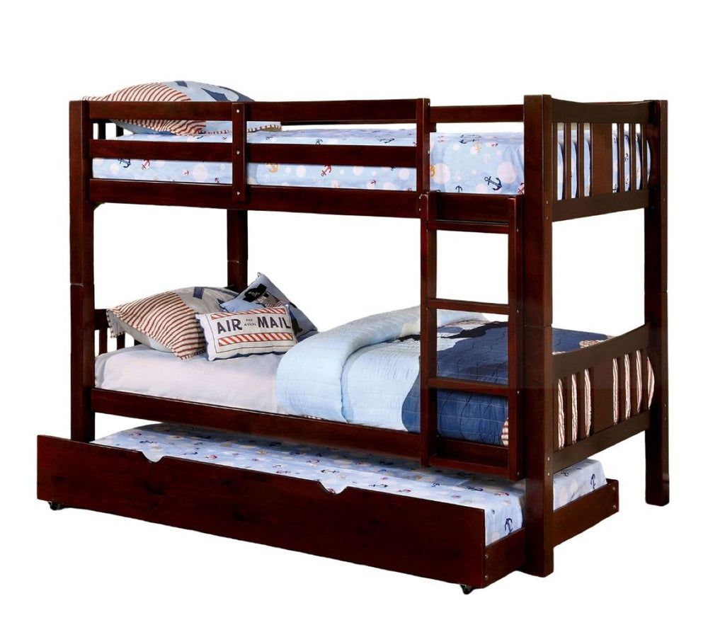 English Elm Twin Over Twin Bunk Bed With Trundle - Dark Walnut Finish, Durable Lock-Joint Structure & Ladder Access B2741S00364-GIGA