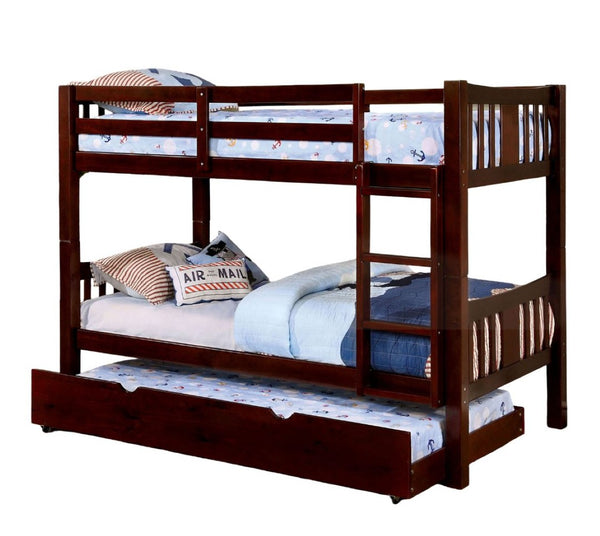 English Elm Twin Over Twin Bunk Bed With Trundle - Dark Walnut Finish, Durable Lock-Joint Structure & Ladder Access B2741S00364-GIGA