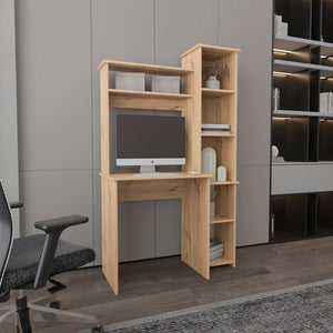 English Elm Light Oak 6-Shelf Writing Desk with Built-in Bookcase and Spacious Shelves, Sturdy Manufactured Wood Finish B06280289