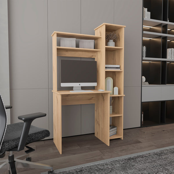 English Elm Light Oak 6-Shelf Writing Desk with Built-in Bookcase and Spacious Shelves, Sturdy Manufactured Wood Finish B06280289