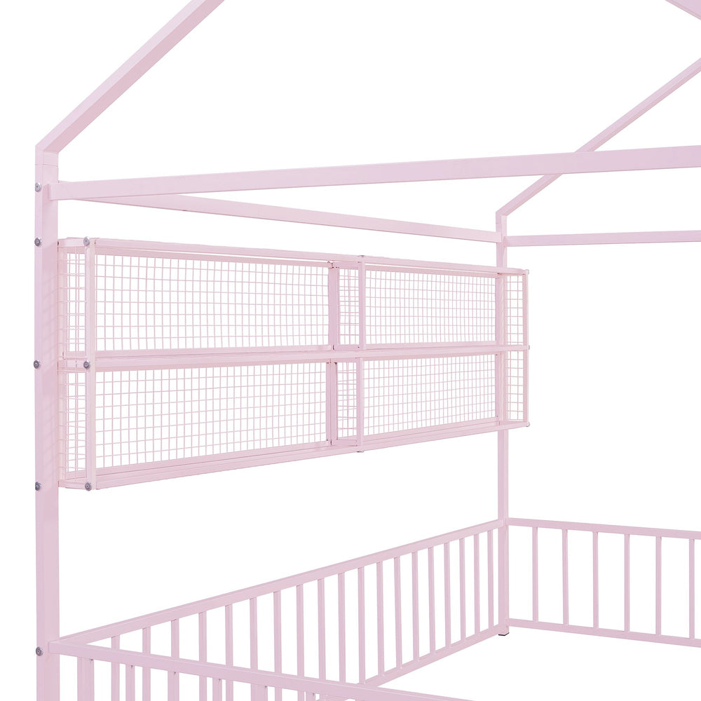 English Elm Full Metal House Bed Frame Full Size with Built-In Fence and 4 Grid Shelves for Durable Storage and Style Pink N737P175361H