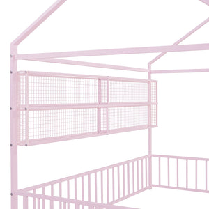 English Elm Full Metal House Bed Frame Full Size with Built-In Fence and 4 Grid Shelves for Durable Storage and Style Pink N737P175361H