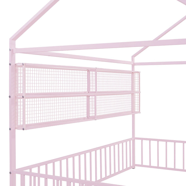 English Elm Full Metal House Bed Frame Full Size with Built-In Fence and 4 Grid Shelves for Durable Storage and Style Pink N737P175361H