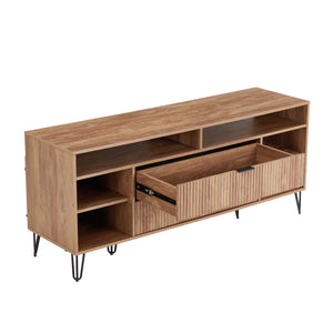 English Elm Dumbo 63" Fluted Media Console with Gold Legs, 2 Drawers, 6 Shelves & Wire Management Elegance Brown B365P397913