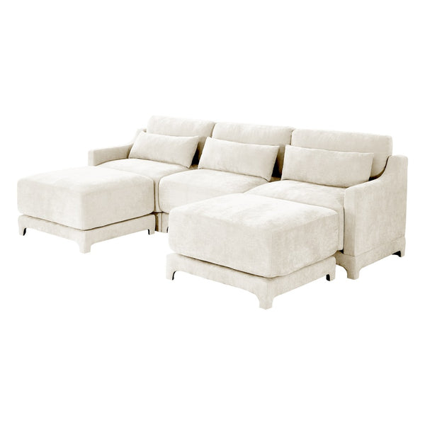 English Elm Three-Seater Sofa Set With Movable Ottomans & Lumbar Pillow - Elegant Chenille For Living Rooms W714S01198-GIGA