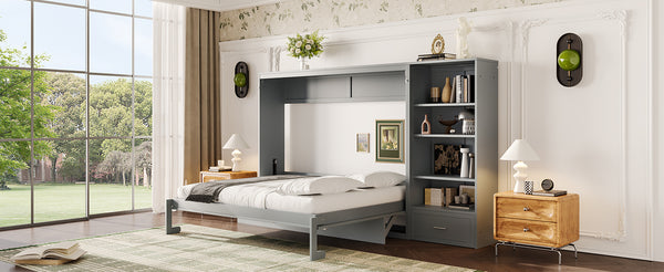 English Elm Queen Murphy Bed with Built-In Shelves, Height-Adjustable Storage & Drawer for Small Spaces Gray 71.6 L x 21.5 W x 6.1 H N733S309223E
