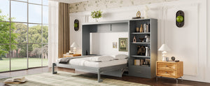 English Elm Queen Murphy Wall Bed with Folding Platform Side Cabinet Drawer and Adjustable Shelves Gray N733S407545E