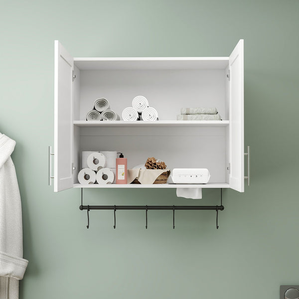 English Elm Bathroom Wall Cabinet with Adjustable Shelf, Towel Bar, 5 Hooks, Space-Saving Over-Toilet Storage, White W331P281277