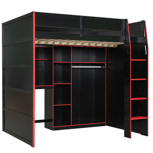 English Elm Full Size Loft Bed with Rgb Lighting Desk Open Wardrobe and Storage for Gaming Rooms Red LT000277AAR