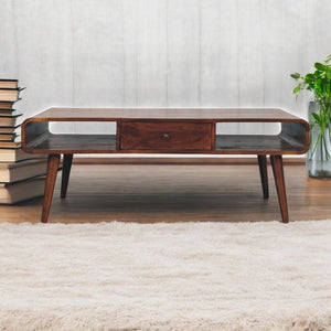 English Elm Avora Solid Mango Wood Coffee Table with 2 Drawers in Chestnut — Mid-Century Modern, Handcrafted Storage Elegance B182P303630