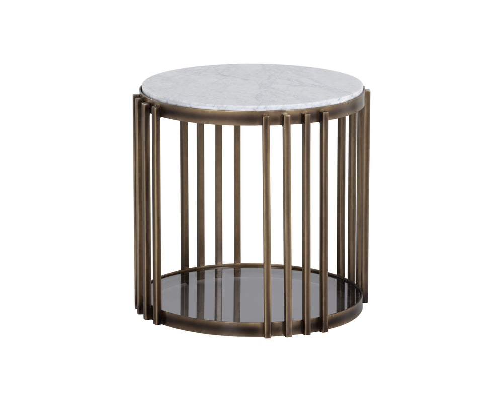 Sunpan Naxos Side Table - Elegant Carrara Marble & Smoked Glass Design with Rustic Bronze Frame for Luxury Spaces