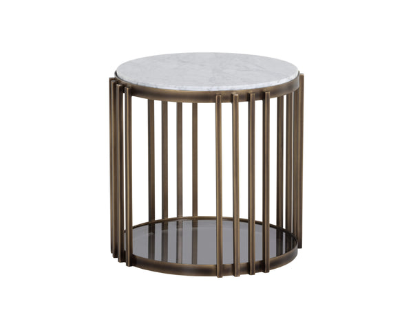 Sunpan Naxos Side Table - Elegant Carrara Marble & Smoked Glass Design with Rustic Bronze Frame for Luxury Spaces