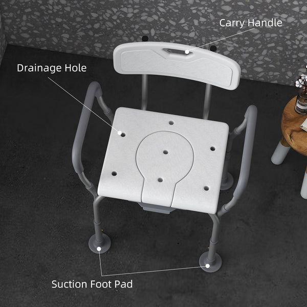 English Elm HOMCOM Adjustable 3-in-1 Shower Chair with Back & Arms, Raised Commode Seat, Suction Feet for Seniors W2225P217468