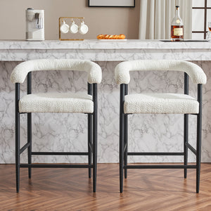 English Elm Modern Upholstered Bar Stools with Boucle Fabric and Armrests, Sturdy Metal Frame, Ergonomic Comfort White W1901P264274