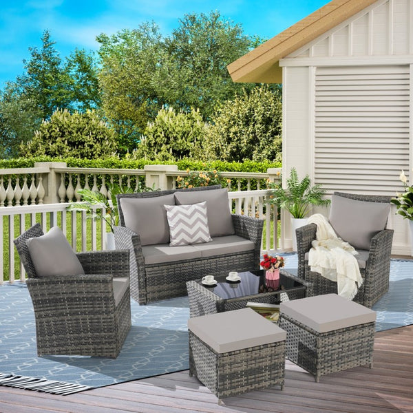 English Elm 6 Piece Outdoor Wicker Sectional with Tempered Glass Table and Weather Resistant Cushions W874P264687