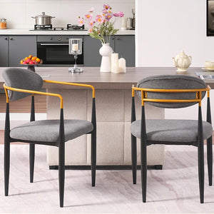 English Elm Modern Upholstered Dining Chairs Set of 2 Beige Fabric Gold Arm Black Frame W5501P462422
