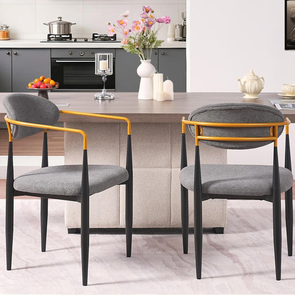 English Elm Modern Upholstered Dining Chairs Set of 2 Beige Fabric Gold Arm Black Frame W5501P462422