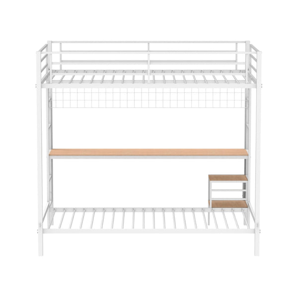 English Elm Metal Full Over Twin Bunk Bed with Built in Desk Powder Coated Steel Study Loft Matte White B016S00061