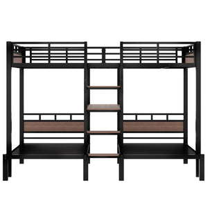 English Elm Twin Triple Bunk Bed Black Metal Frame with Built-in Storage Stairs and Shelves W1580S00620