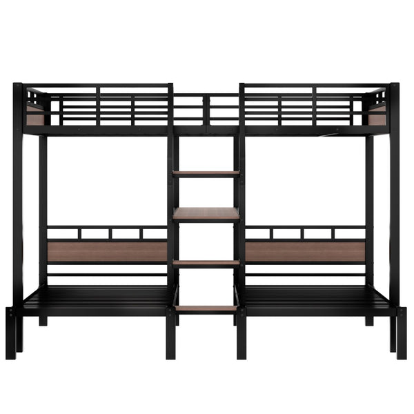 English Elm Twin Triple Bunk Bed Black Metal Frame with Built-in Storage Stairs and Shelves W1580S00620
