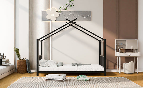 English Elm Twin Metal House Platform Bed with Slat Kit for Kids Sleepovers Sturdy Frame Elegant Silhouette 63.8"H Black MF322835AAB