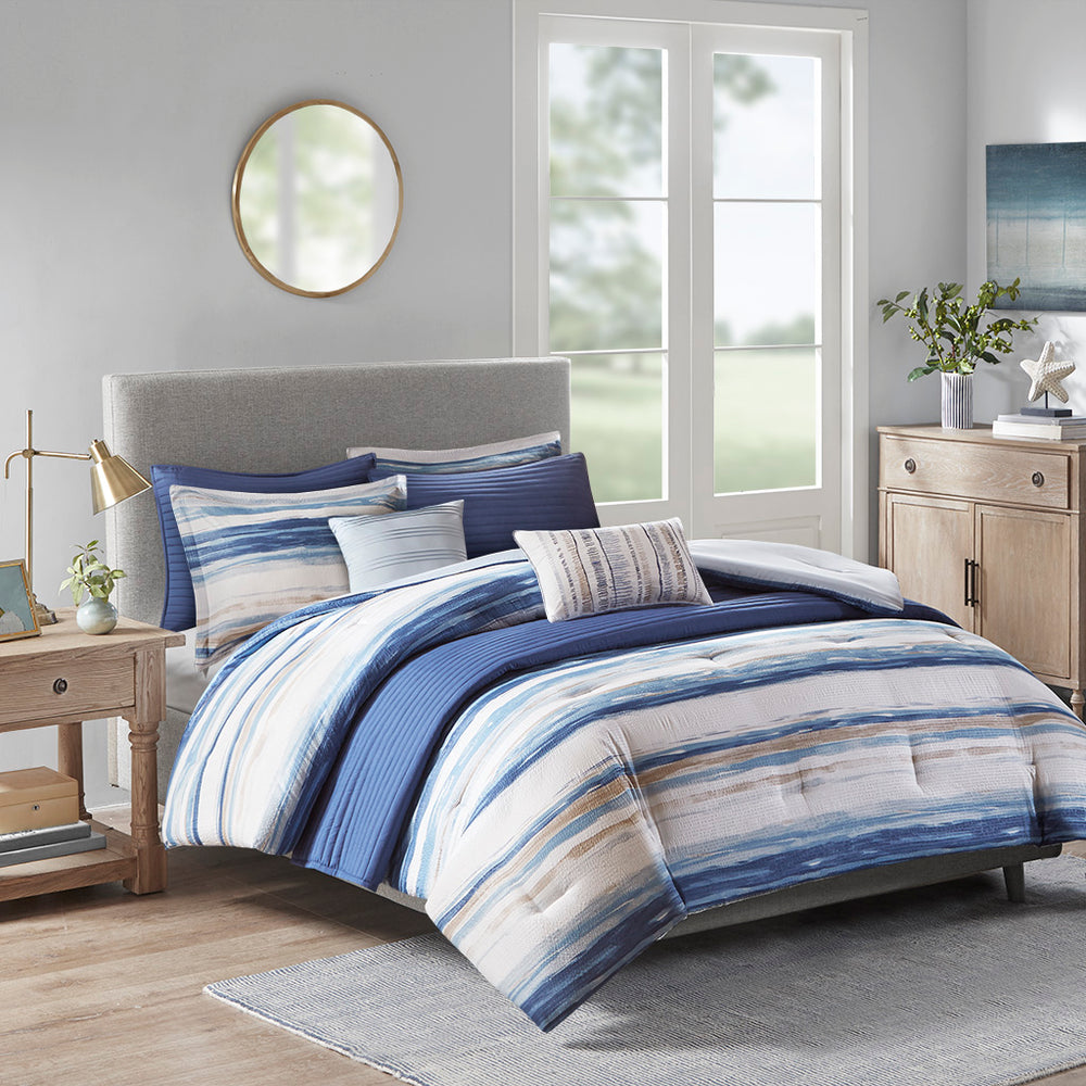 JLA Home Madison Park - 8 Seersucker Comforter and Quilt Set by Madison Park — 8-Piece Watercolor Stripe Bedding with Textured Shams & Decorative Pillows 92 L x 104 W x 1.5H MP10-6156