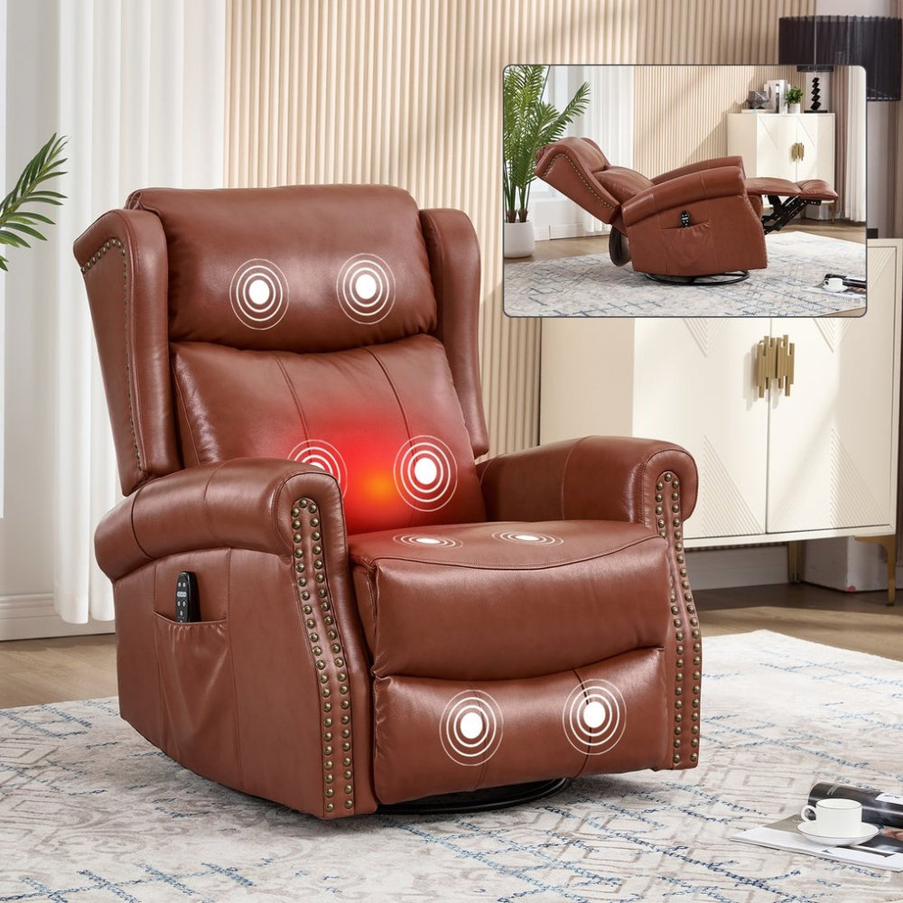 English Elm Heat Massage Rocker Recliner Genuine Leather Swivel Chair with Lumbar Vibration Nodes W3224S00016
