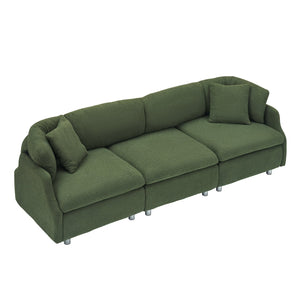 English Elm 95.3 Teddy Two Throw Pillow 3-Seat Sofa with Plush Teddy Fabric, Solid Wood Frame and Metal Legs Green W1278S00072