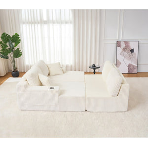 English Elm U-shaped Corduroy Cloud Sectional Sofa with Pocket Springs and Modular Living Room Seating Beige W3366S00004
