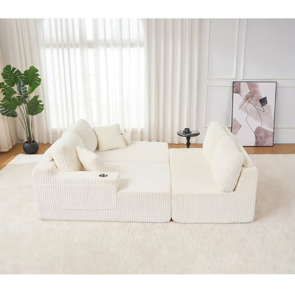 English Elm U-shaped Corduroy Cloud Sectional Sofa with Pocket Springs and Modular Living Room Seating Beige W3366S00004