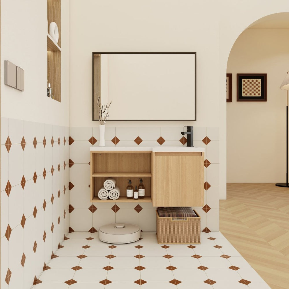 English Elm 36" Corner Floating Vanity with Integrated Resin Sink Open Shelf Light Oak Modern Bath W3450S00049