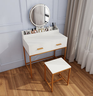 English Elm Vanity Chic Ancient White Makeup Table with Mirror & Stool, Gold Accents, Compact Storage for Small Spaces W2139P306366