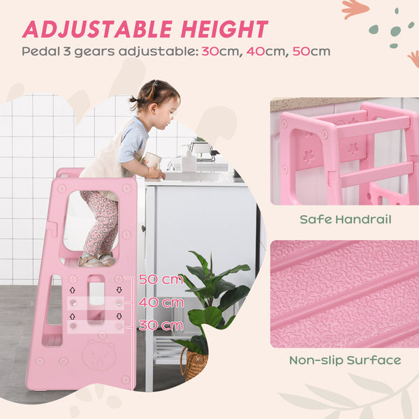 English Elm Qaba Adjustable Toddler Tower with 3 Heights, Anti-Slip Pads & Handrails, Easy-Clean Pink Step Stool W2225P200489