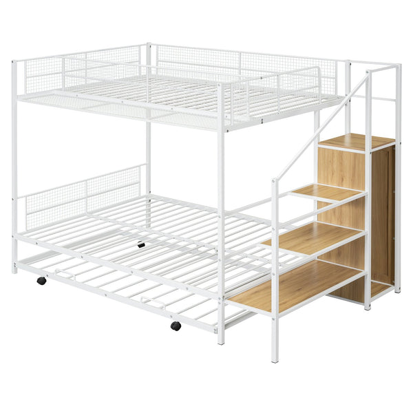 English Elm Twin Metal Bunk Bed with Trundle, Lateral Storage Ladder & Wardrobe | Space-Saving Durable Design White SF000173AAK